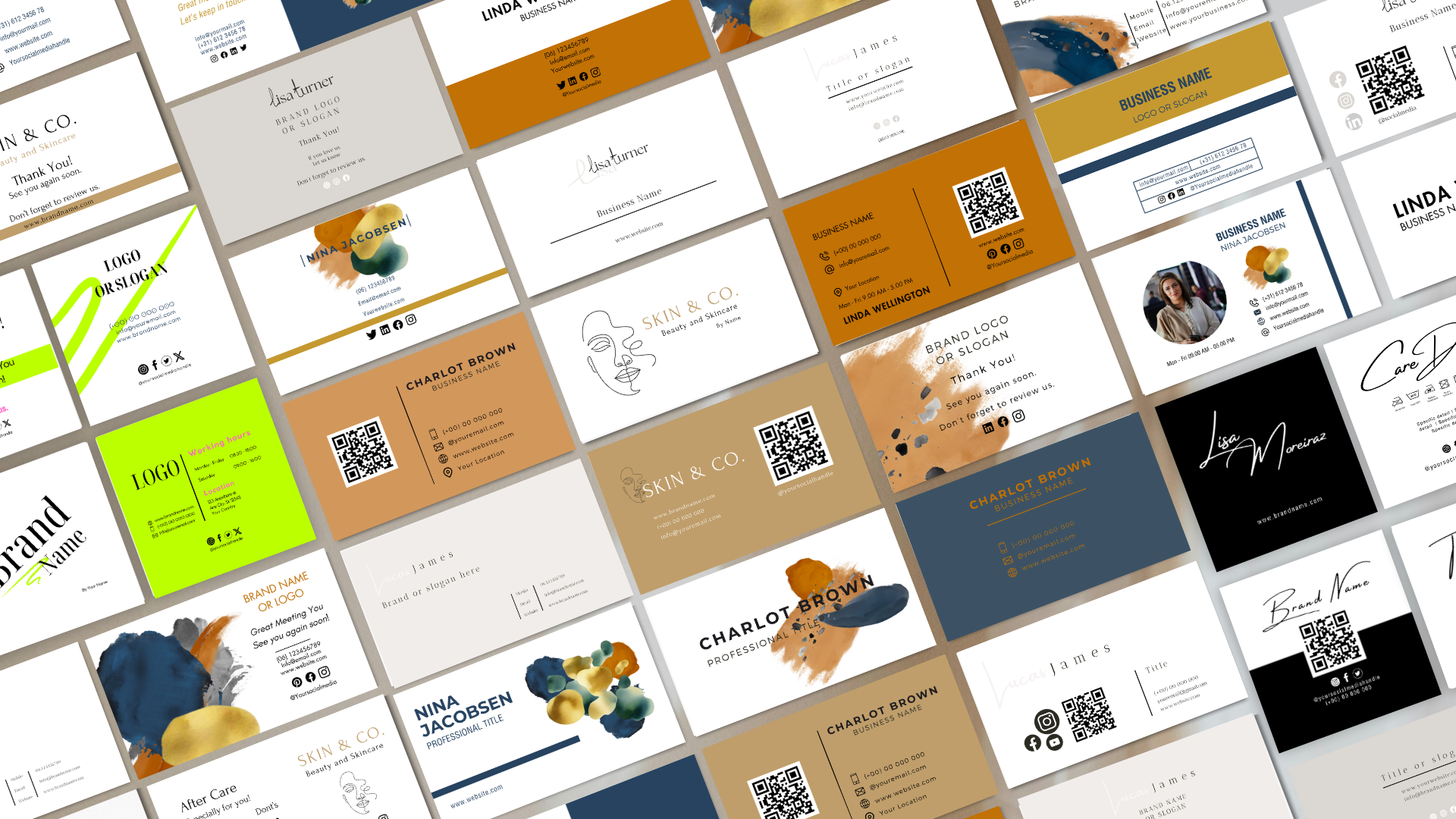 7-in-1 Business Card Collectie, customizable business card templates voor ondernemers en freelancers, inclusief QR-code en Canva ontwerpen.