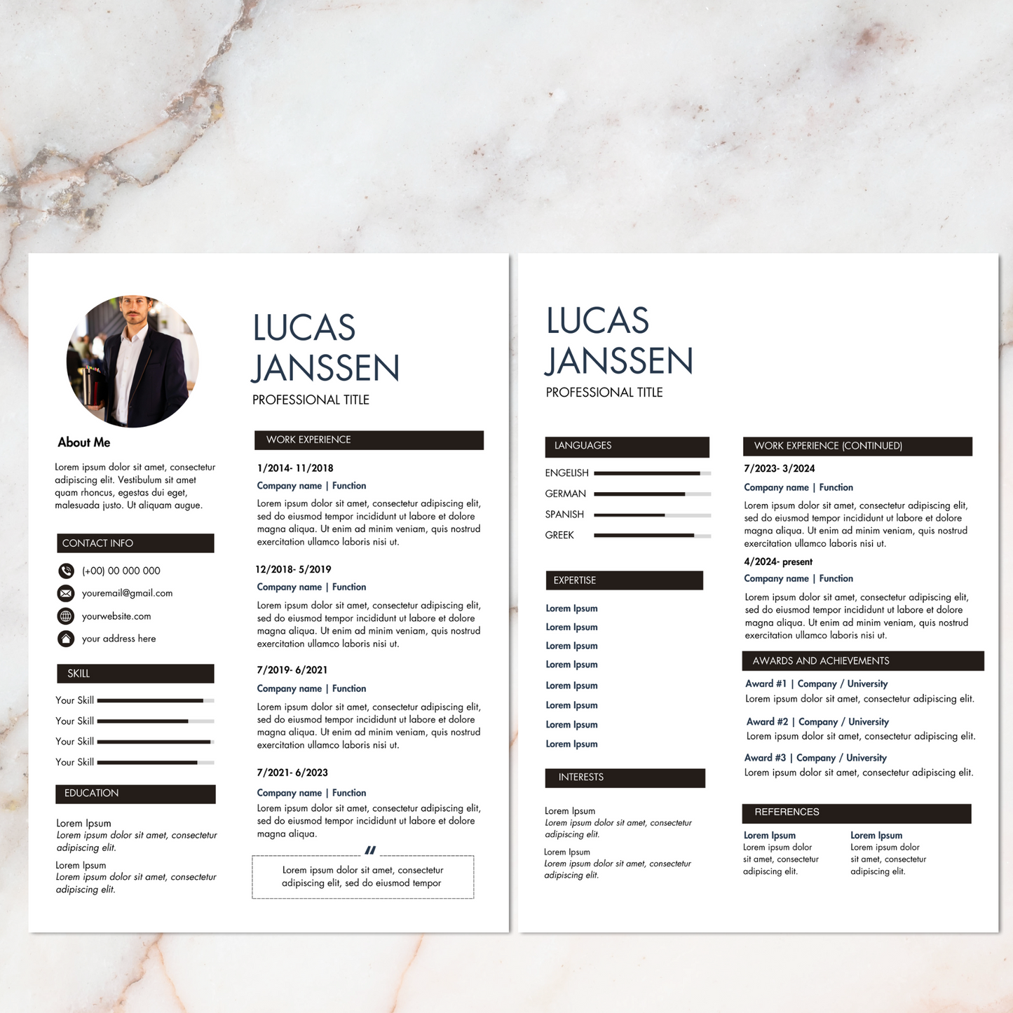 2- page CV-sjabloon voor starters, inclusief werkervaring en vaardigheden secties