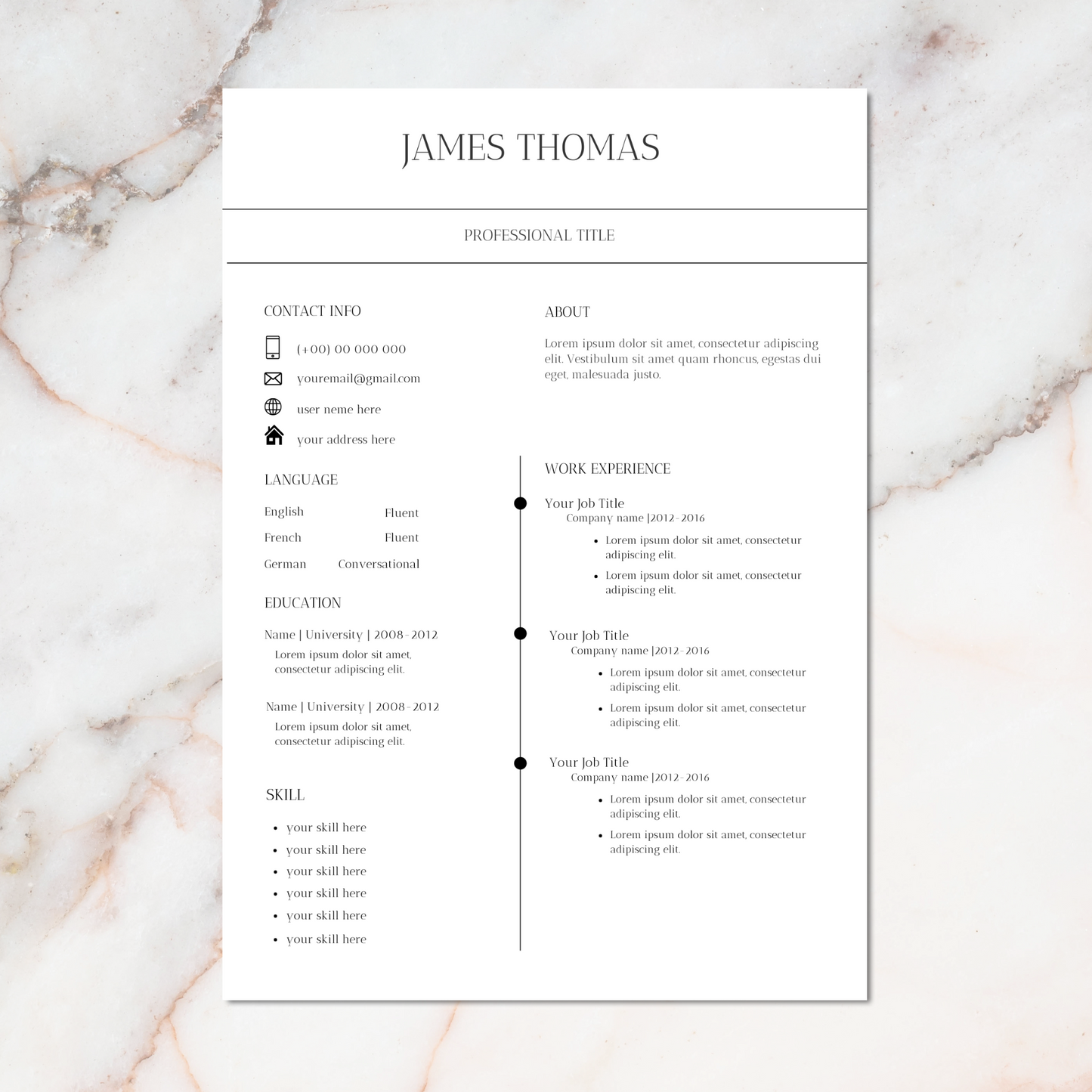 Canva CV template met stijlvolle secties voor vaardigheden en ervaring