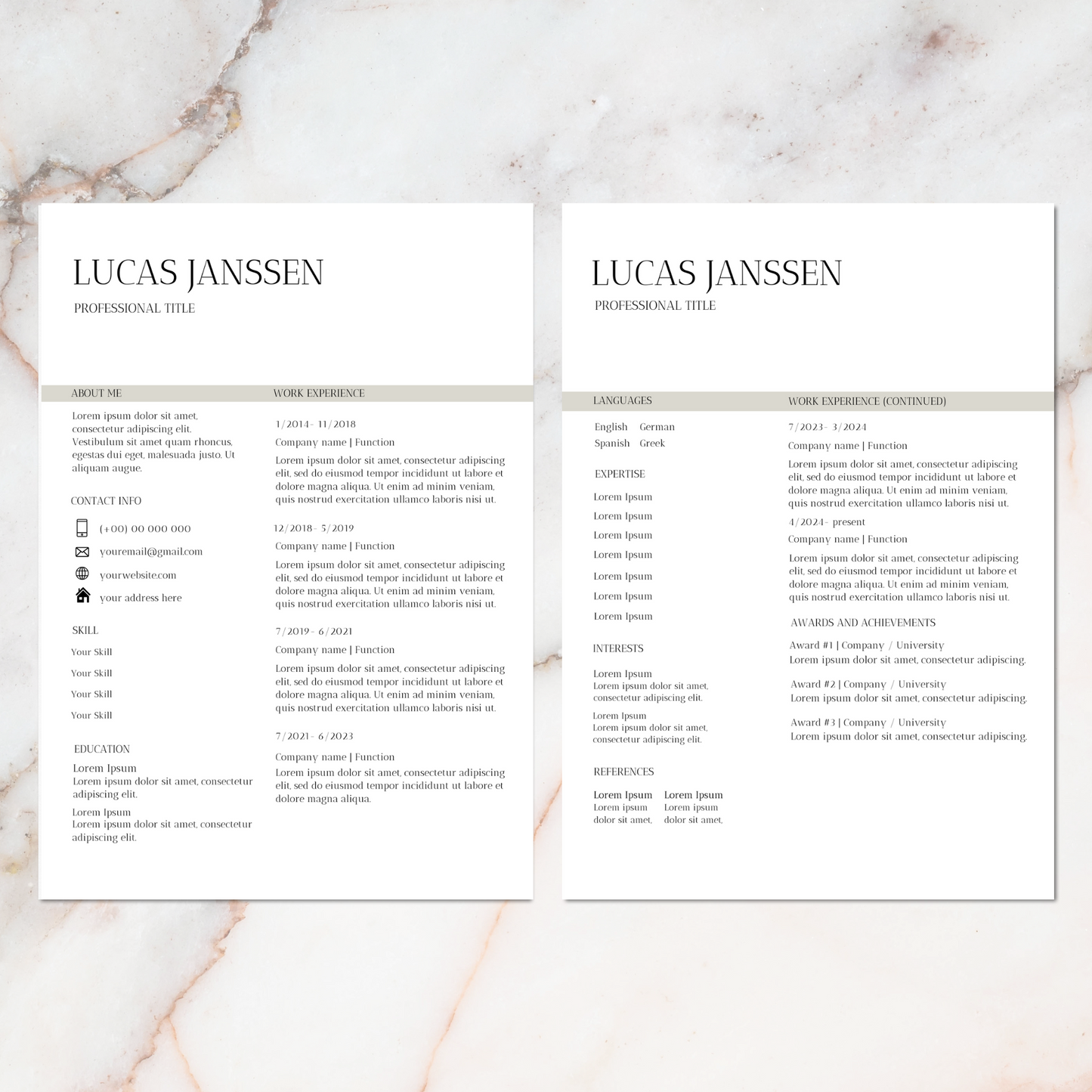 2-pagina digitaal CV sjabloon met minimalistisch ontwerp