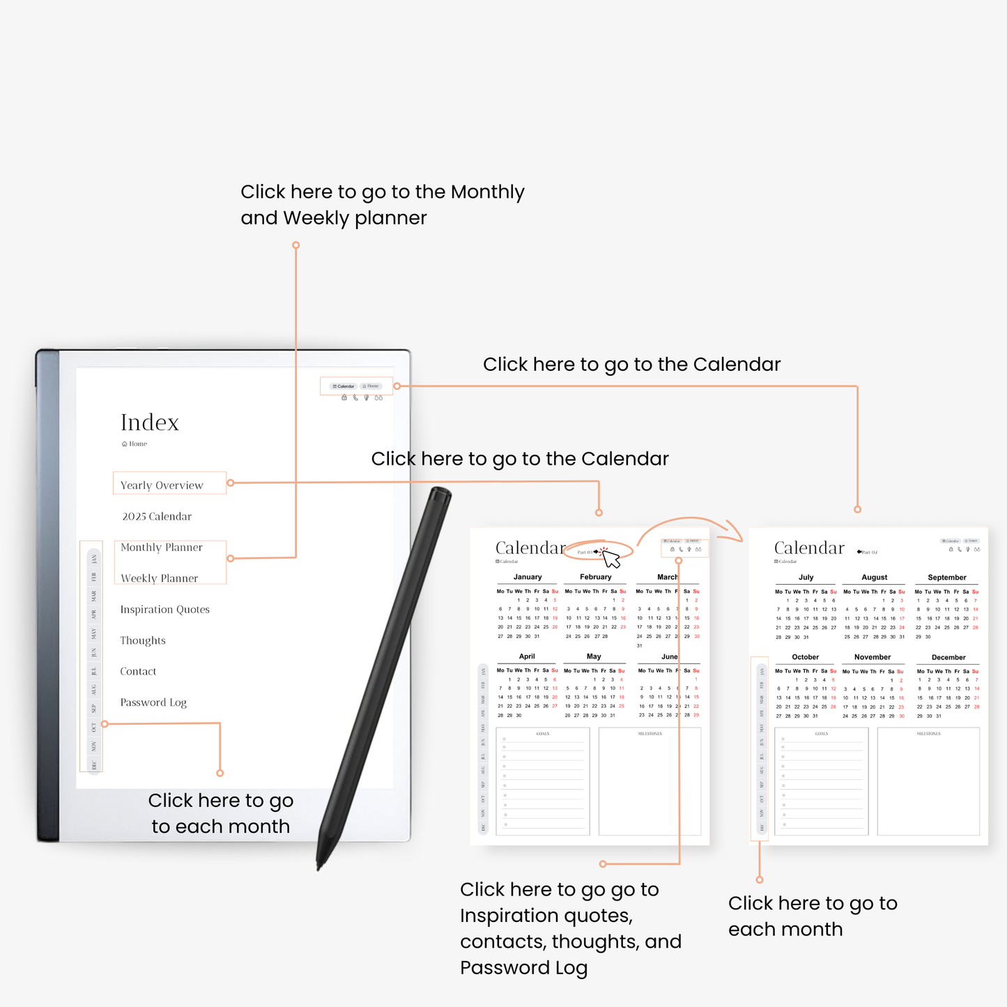 Visuele weergave van de aanpasbare jaarplanner voor de ReMarkable 2 tablet.