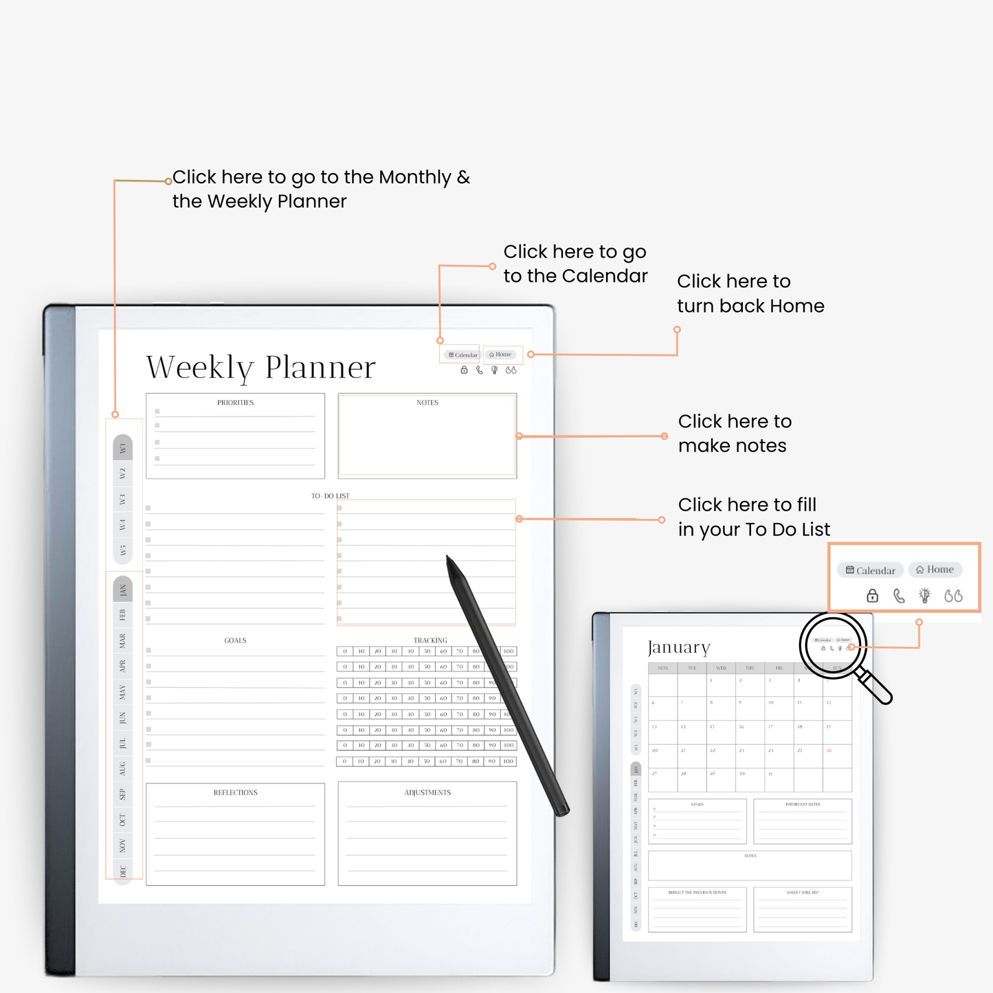 Detailoverzicht van de ReMarkable jaarplanner met focus op maand- en weekplanning