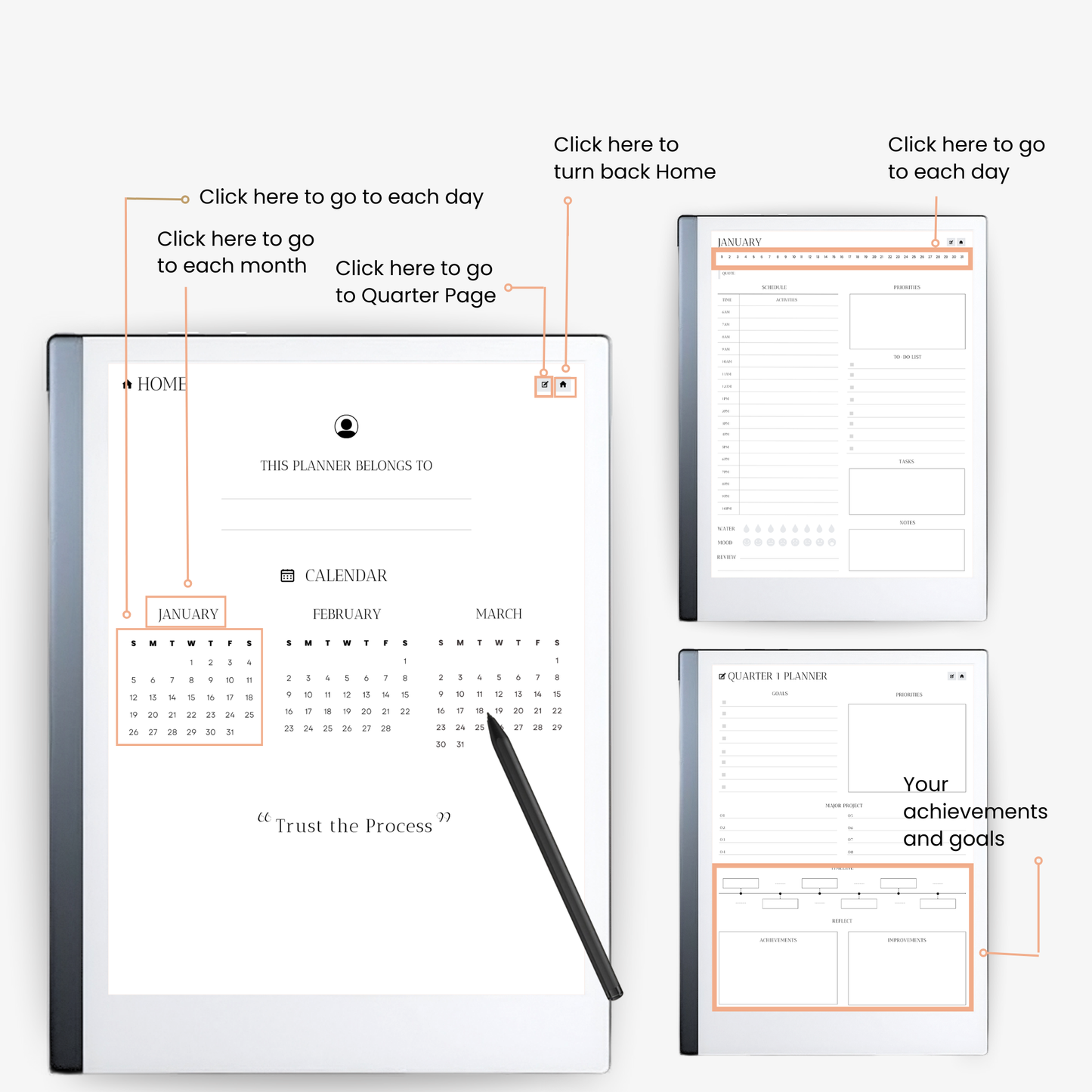 ReMarkable kwartaalplanner voor Q1 2025, met ruimte voor dagplanningen en doelen.