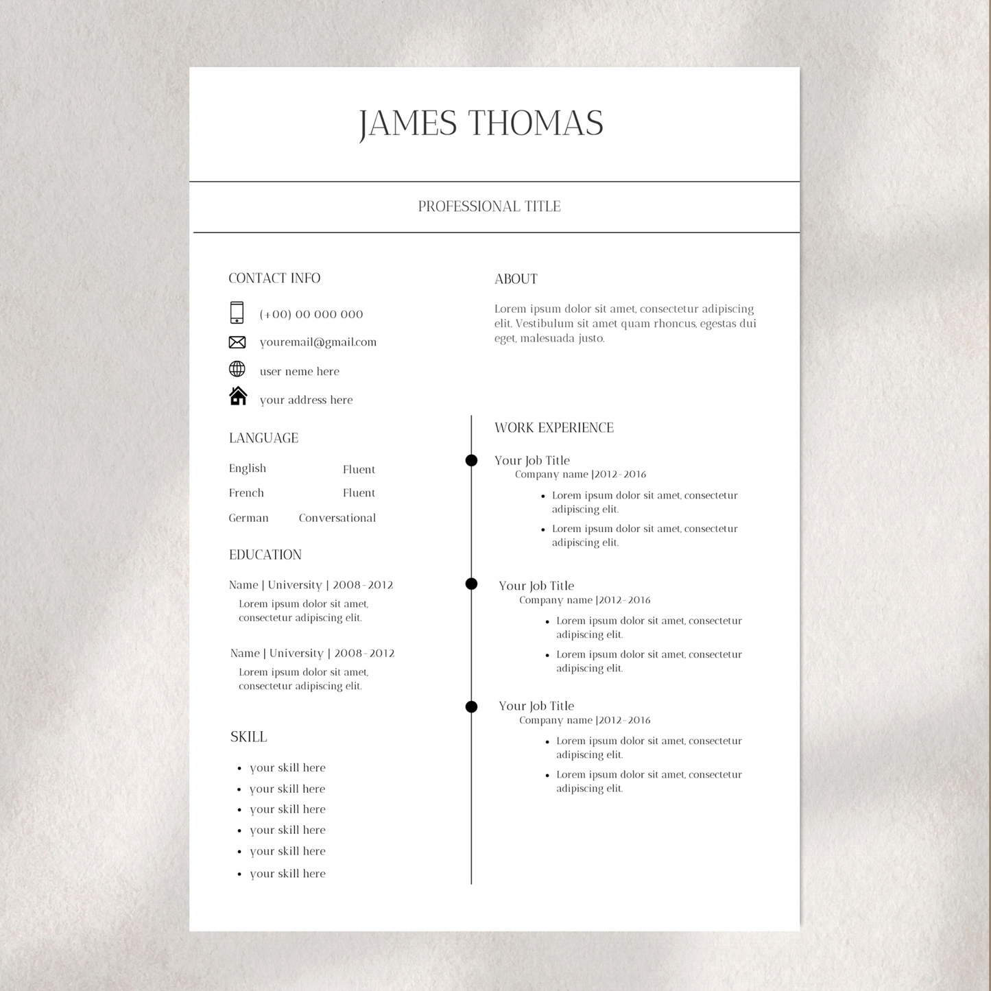 Minimalistisch CV ontwerp, geschikt voor snelle sollicitaties in iedere branche