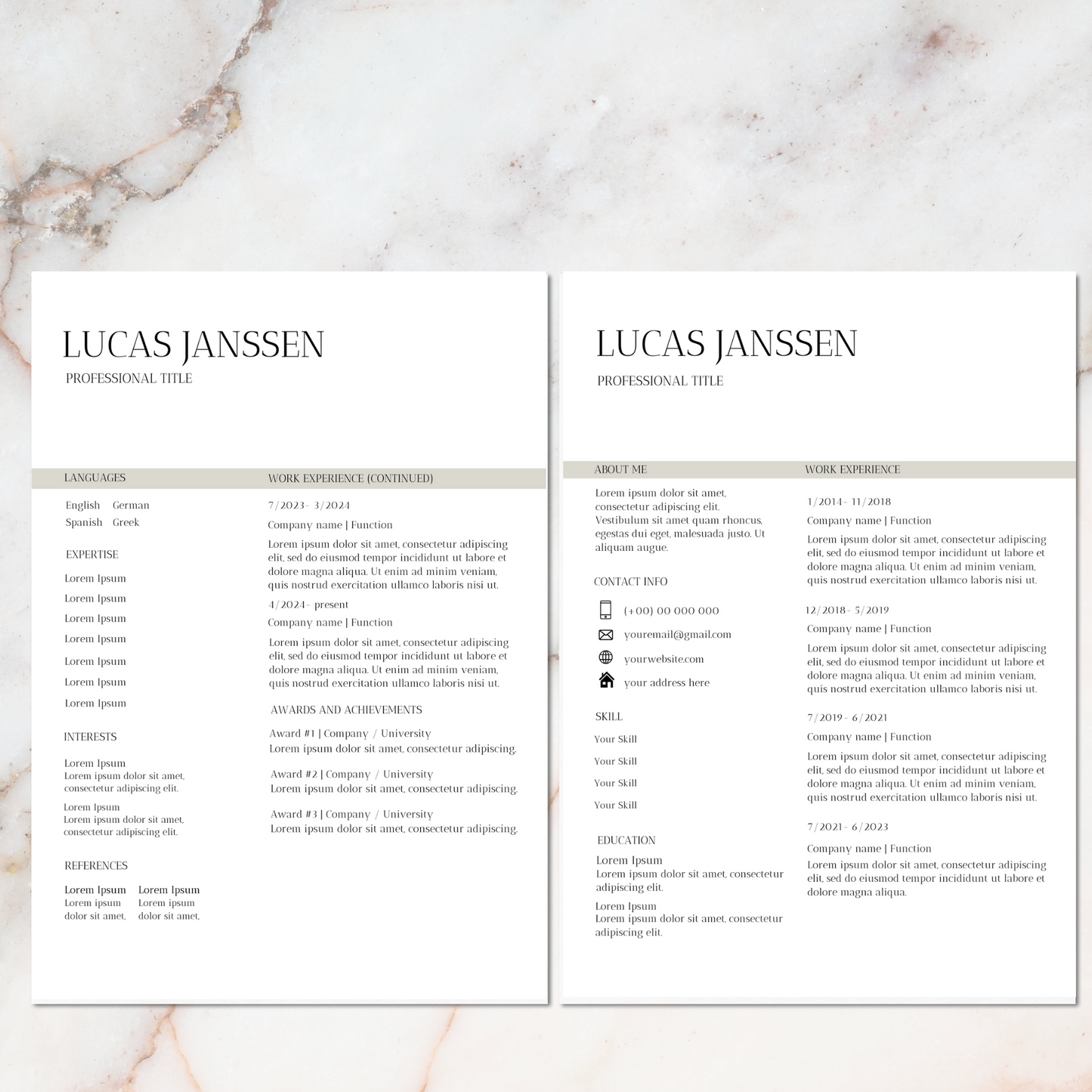 Professioneel 2-pagina CV met strak design voor jobzoekers, direct downloadbaar