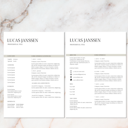 Professioneel 2-pagina CV met strak design voor jobzoekers, direct downloadbaar