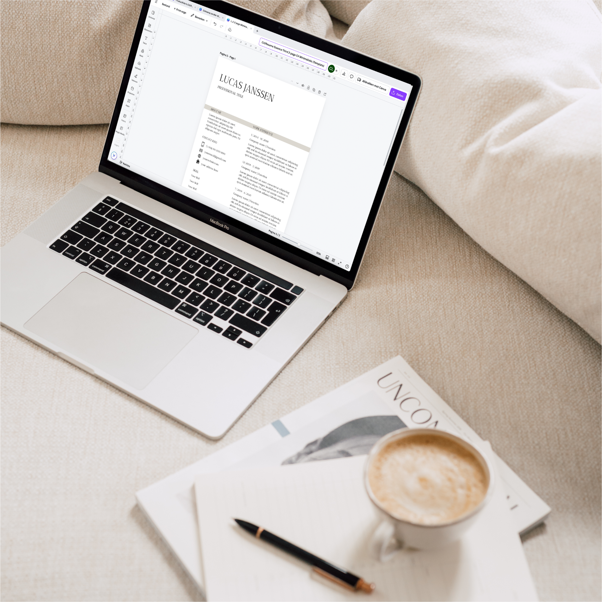 Eenvoudig te bewerken minimalistisch CV sjabloon, met contactinformatie en werkervaring
