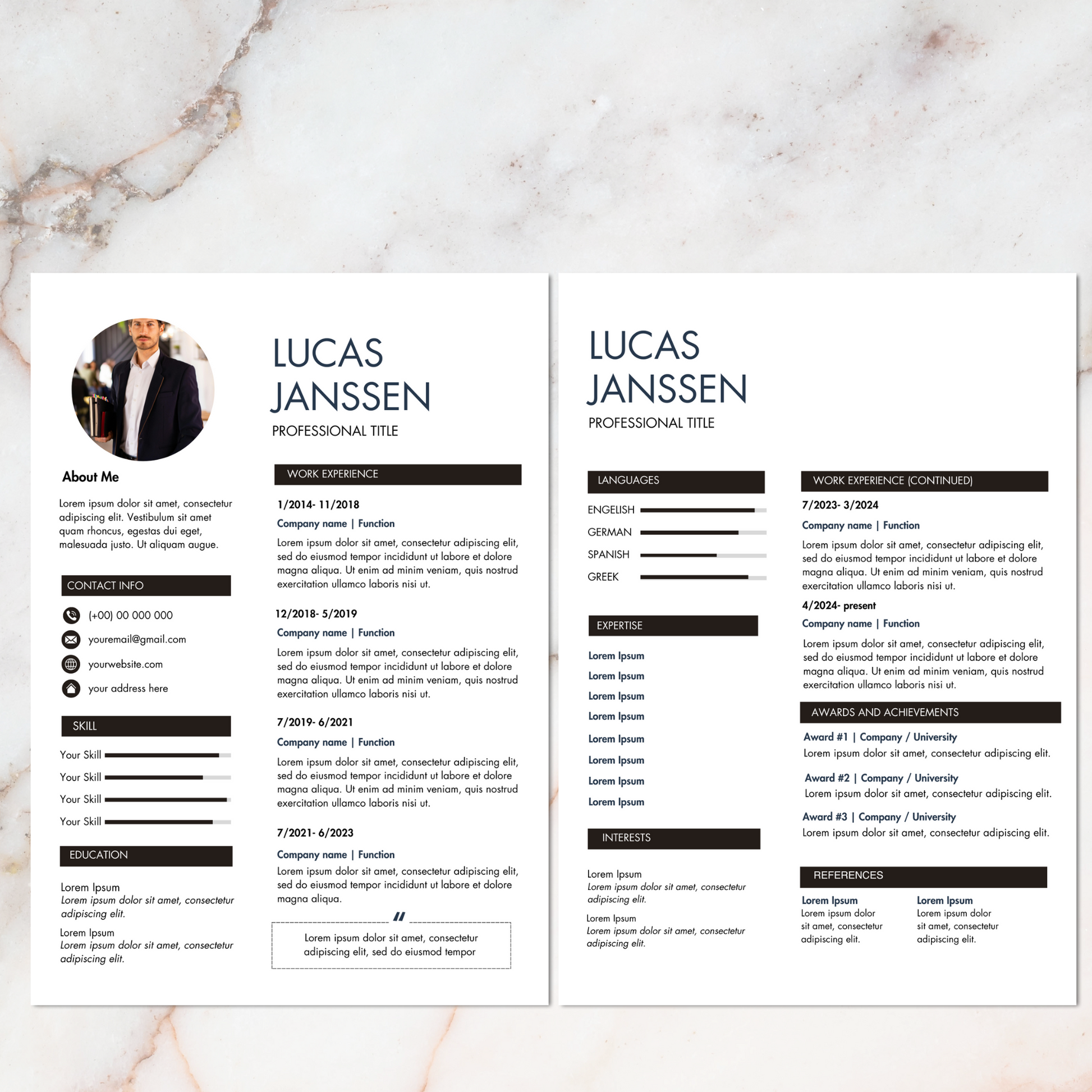  2- page CV-sjabloon voor starters, inclusief werkervaring en vaardigheden secties