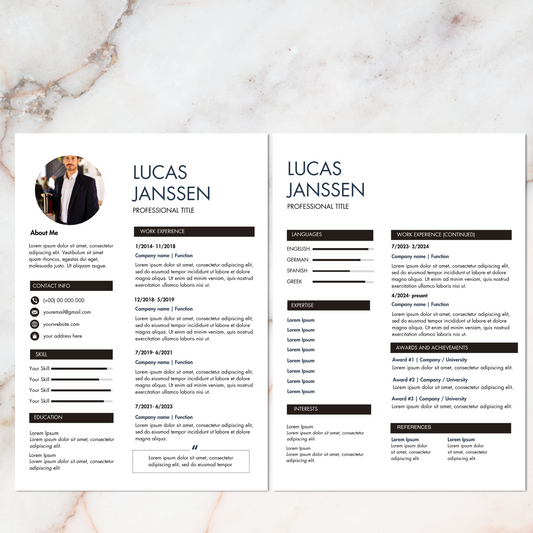  2- page CV-sjabloon voor starters, inclusief werkervaring en vaardigheden secties