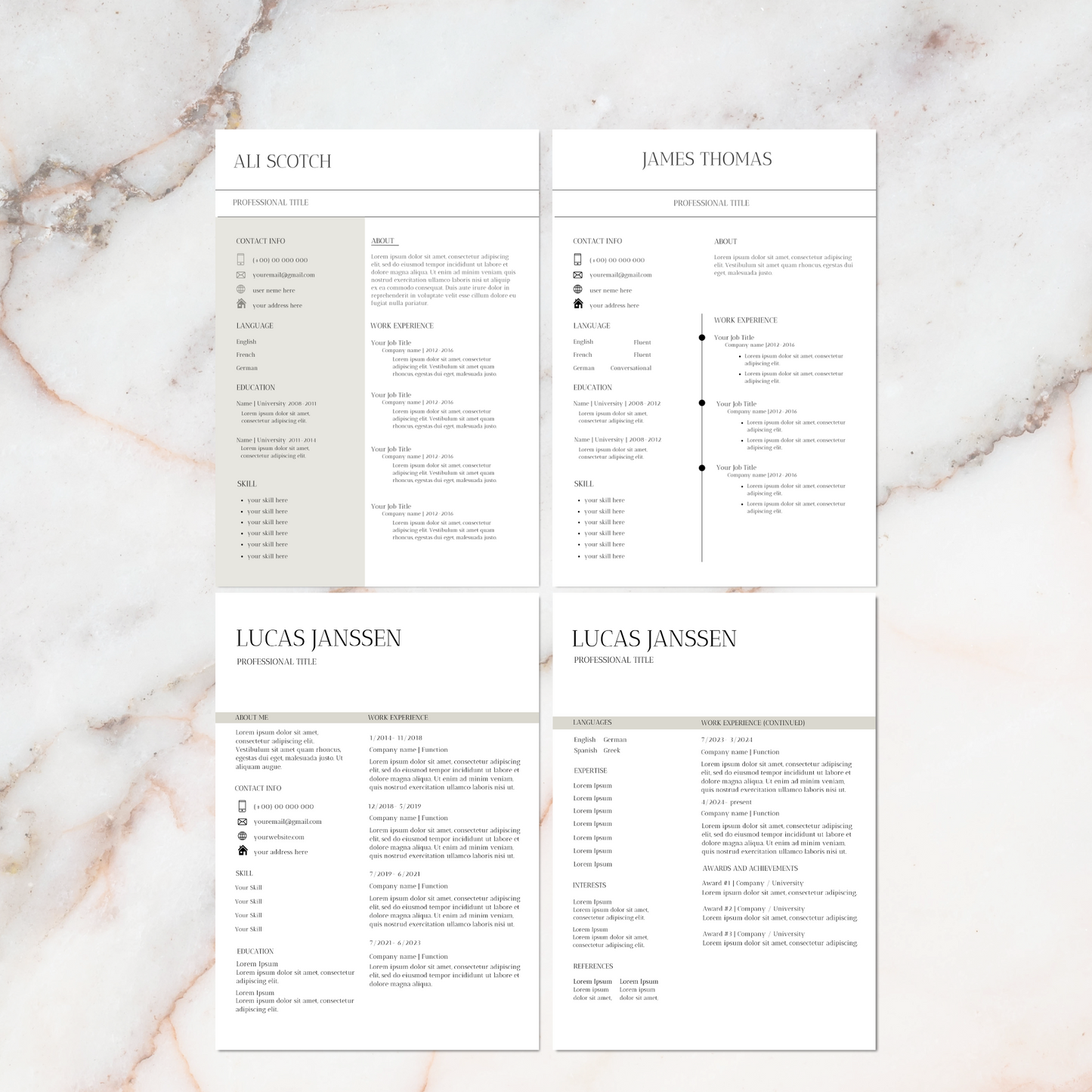 Drie CV-sjablonen voor jobzoekers, snel aanpasbaar en minimalistisch ontwerp