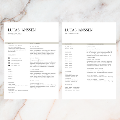 2-pagina digitaal CV sjabloon met minimalistisch ontwerp