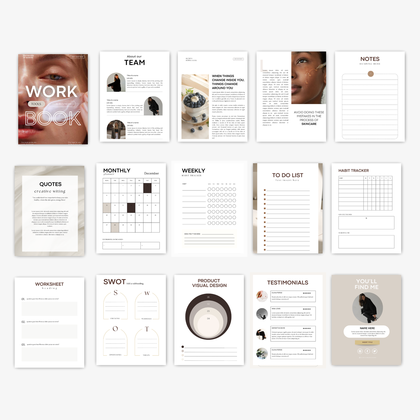 Ebook en werkboek sjablonen set met cover, inhoudsopgave en team pagina’s