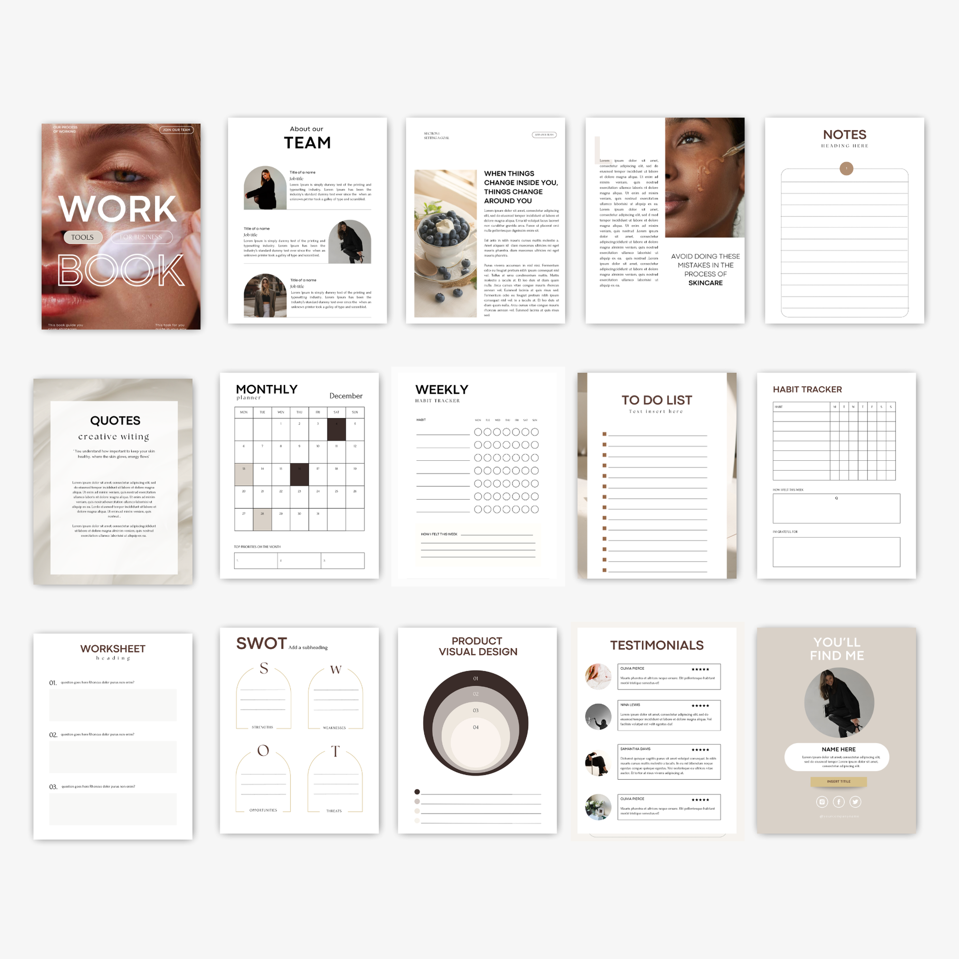 Ebook en werkboek sjablonen set met cover, inhoudsopgave en team pagina’s